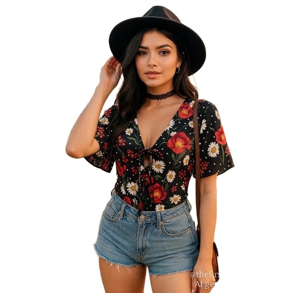Boohoo Floral Print Bodysuit Women’s US 10  Black Red Daisy Rose Festival Y2K - Picture 1 of 9